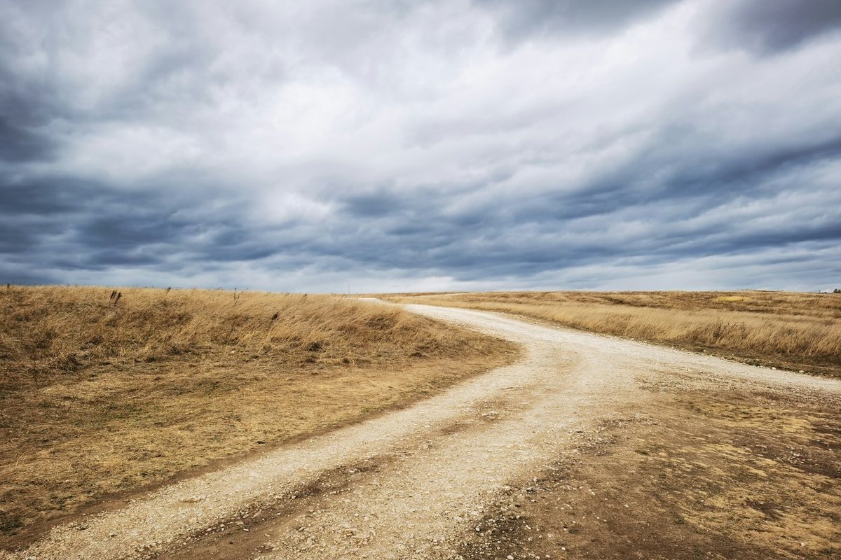 a dirt road in the middle of a dry grass field